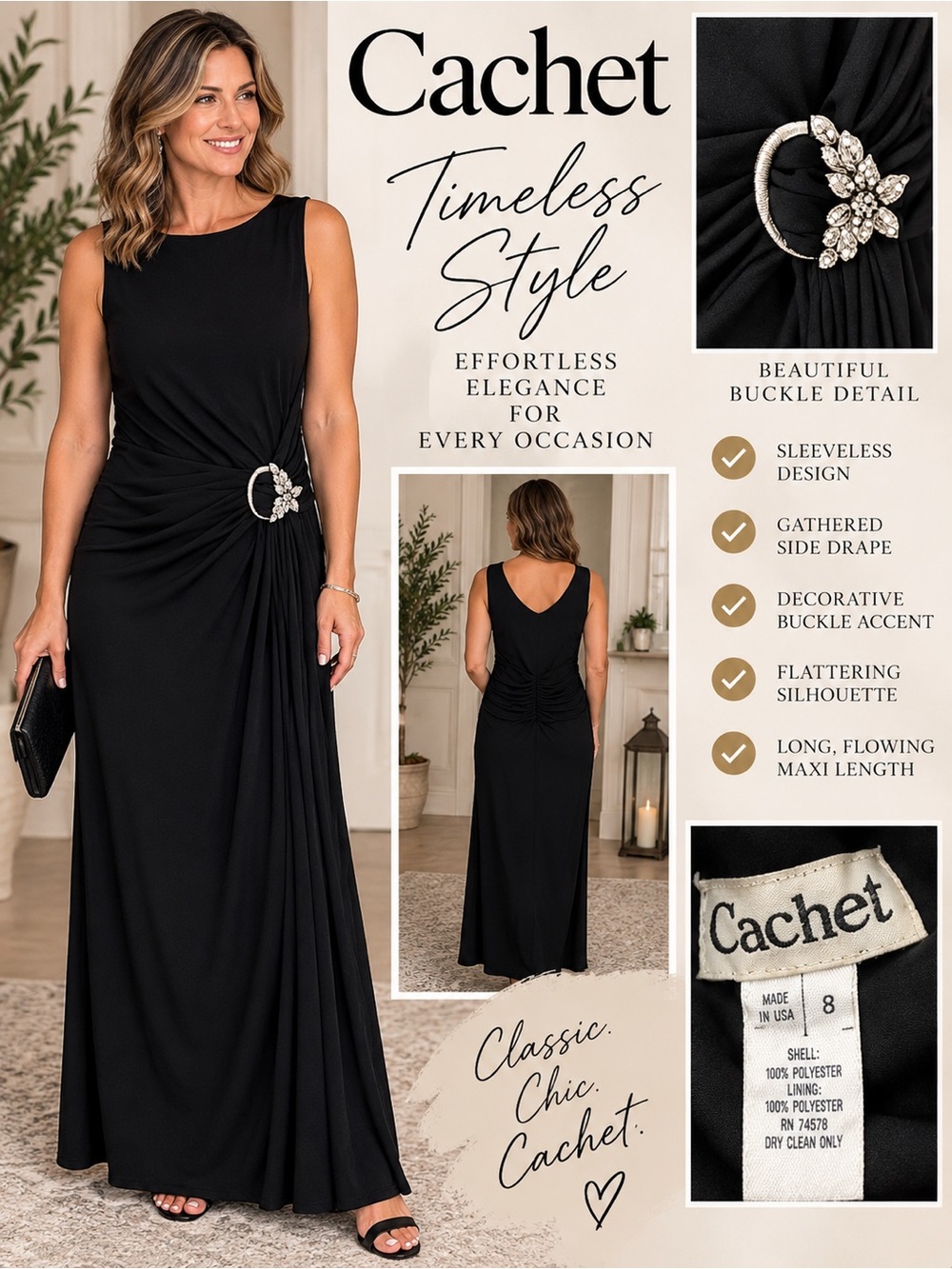 Cachet Black Sleeveless Maxi Dress with Side Draping and Buckle